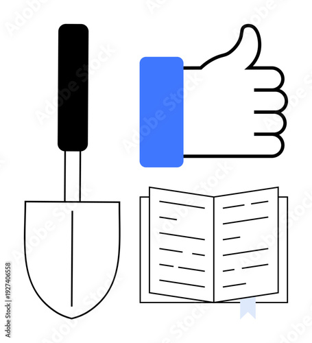 Hobbies concept. Hobbies of gardening, reading, and digital engagement by shovel, open book, and thumbs up icon. Hobbies and personal interests, lifestyle choices, education technology interactions
