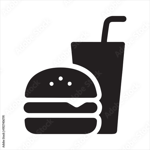 Silhouette burger and drink combo icon representing fast food, meal, snack, and refreshment.