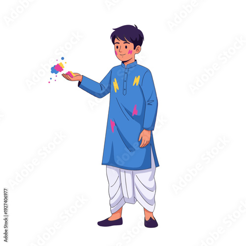 Indian boy celebrating holi festival holding colorful powder wearing traditional kurta dhoti illustration