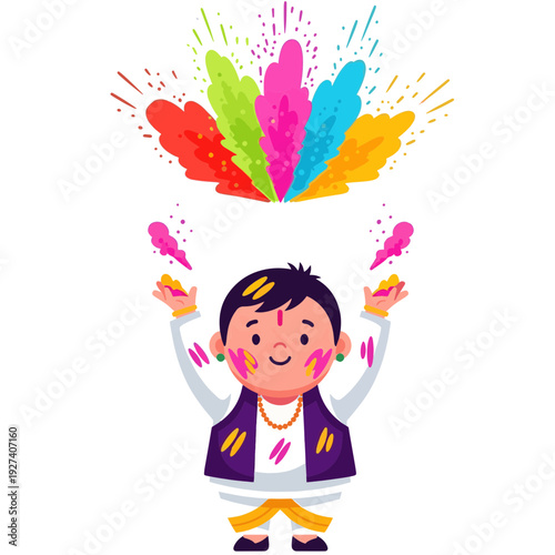Young Boy Enjoying Holi Festival with Floating Color Powder Clouds