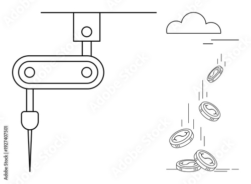 Automation, manufacturing, digital currency, future technology, financial systems, innovation. Robotic arm depositing coins under a cloud. Automation and digital currency concepts