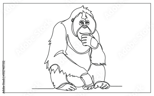Contemplative orangutan sitting with finger on chin, a thoughtful primate rendered in minimalist line art