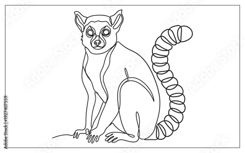 Alert lemur with large eyes and bushy striped tail, a simple outline drawing in vector format