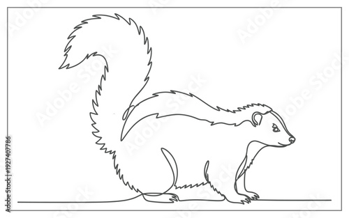 Single line drawing of a skunk with a bushy tail raised, simple black and white illustration for creative projects.