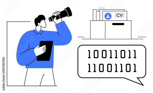 Recruitment concept. Recruitment process displaying candidate evaluation, CV analysis, and digital hiring. Recruitment streamlining talent acquisition. Ideal for HR, job platforms, hiring technology
