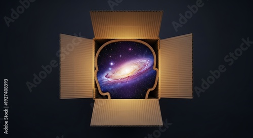 Surreal conceptual art of a galaxy inside a human head silhouette within an open cardboard box. Symbolizing mental potential, infinite imagination, consciousness, and thinking outside the box.