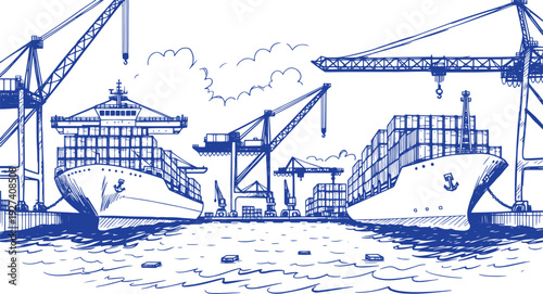 Industrial Shipping Port with Container Cranes, Cargo Ships and Freight Containers – Logistics Infrastructure Concept Vector Black Line Art Illustration, Maritime Transport Harbor Outline Drawing 