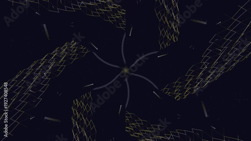 Abstract Starry Kaleidoscope: An abstract artistic exploration of a star-like structure within a kaleidoscopic design, rendered in shades of gold against a dark, night sky setting.