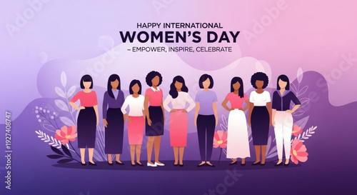 International women's day celebration with diverse group of women standing together in purple and pink background with flowers