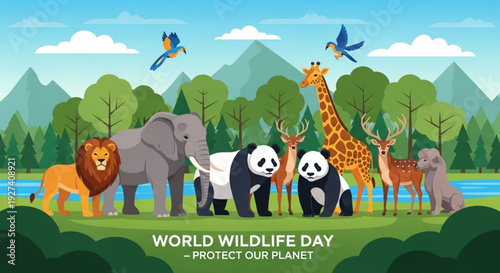 World wildlife day illustration with diverse animals in a natural habitat