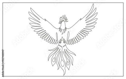 Stylized line art of a phoenix with its magnificent wings spread, a symbol of hope, resurrection, and eternal life.