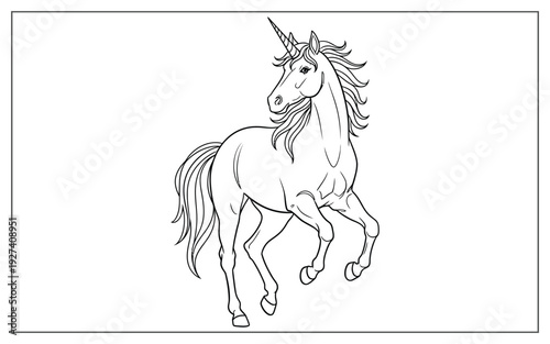 Graceful unicorn trotting with its horn prominent, a symbol of purity, innocence, and magic, rendered in clean outline.