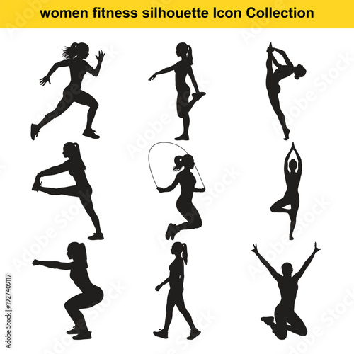 Collection of black silhouettes of women performing various fitness and exercise activities.
