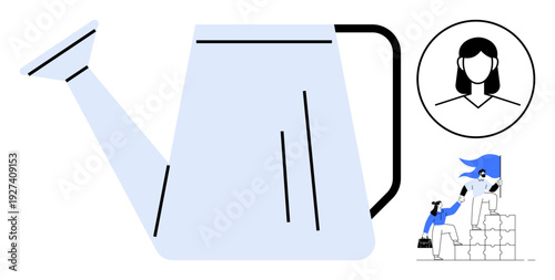 Gardening, teamwork, profile identification, collaborative projects, community growth, minimalism. Large watering can, headshot icon and people stacking blocks cooperatively. Gardening and teamwork
