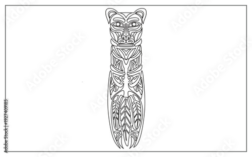 Vertical outline of a stylized totem pole featuring intricate bear or wolf imagery, reflecting Pacific Northwest Indigenous art.