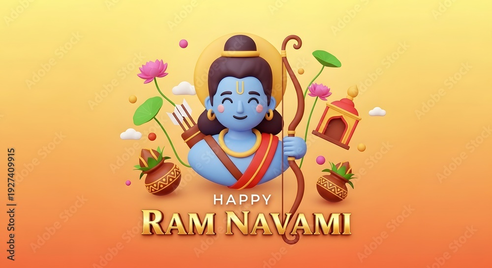 Naklejka premium Happy ram navami, lord rama 3d cartoon illustration for hindu festival