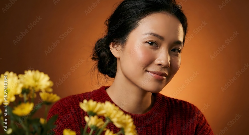 Fototapeta premium Cinematic portrait of a beautiful Asian woman in a modern lifestyle or traditional nature setting