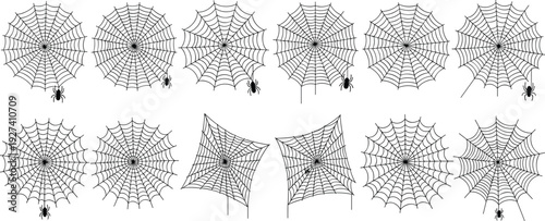 Set of spider web silhouettes with spiders in different shapes, black decorative vector illustration collection isolated on white background for Halloween and horror design themes
