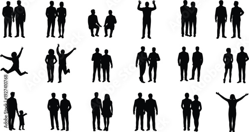 Silhouette collection of twenty diverse people in various poses, standing, sitting, jumping, raising arms, families, couples, and friends representing unity, interaction, and human relationships 
