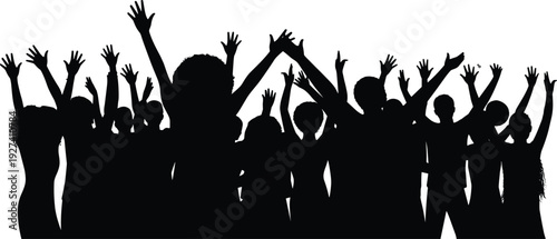 Silhouette group of diverse people raising arms together, celebrating unity, community, enthusiasm, collective action, teamwork, and social connection in abstract black illustration artworkvv