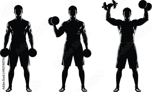 Silhouette of muscular man performing dumbbell bicep curl and shoulder press workout isolated on white background, strength training fitness bodybuilding concept illustration