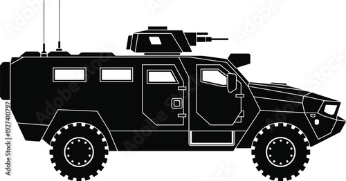 Silhouette of military armored tactical combat vehicle with mounted weapon system, antennas, heavy-duty tires, reinforced body, designed for troop transport, reconnaissance, and defense operations.