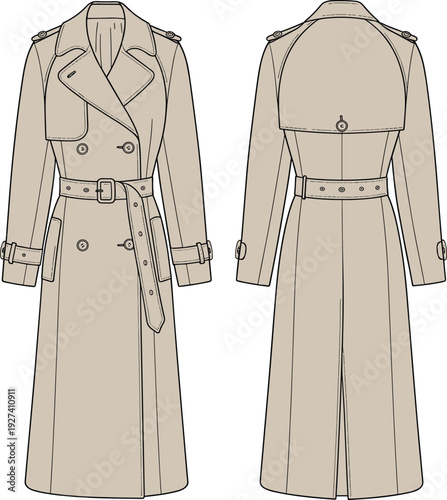 Technical flat sketch of classic trench coat front and back views with double-breasted closure, belt, lapels, epaulets, storm flap, and garment construction illustration for fashion design