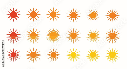 sun icons set, various sunburst designs, orange color