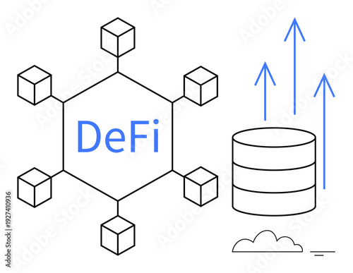 DeFi concept. DeFi ed with blockchain network structure and rising data arrows. DeFi powering financial decentralization, blockchain adoption, and innovative technology. Ideal for fintech