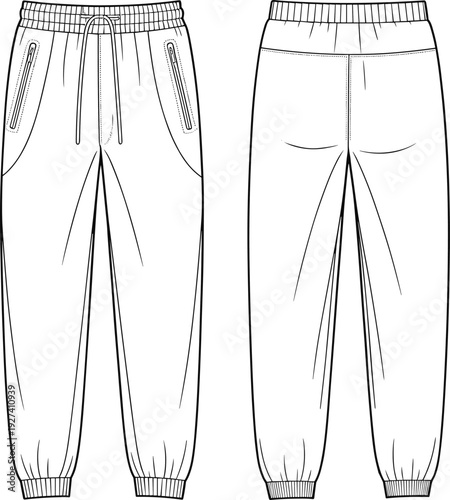 Technical flat sketch of jogger pants front and back views with elastic waistband, drawstring, side pockets, ankle cuffs, and garment construction illustration for fashion design