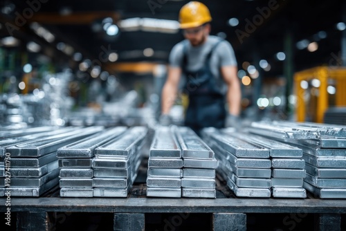 Industrial worker in a factory overseeing stacks of metal ingots ready for processing