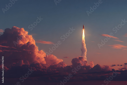 A rocket ship blasts off into the sky with a trail of flames and smoke at sunset or sunrise
