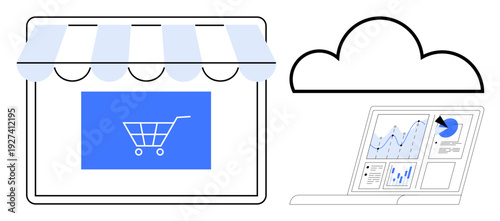 E-commerce, data analysis, online shopping, cloud computing, digital marketing, business intelligence. Storefront with a shopping cart and laptop displaying analytics. E-commerce and data analysis