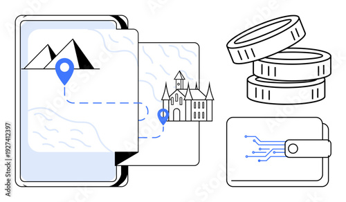 Digital wallets, tourism, cryptocurrency, navigation, travel technology, transaction security. Map with landmarks and routes, coins and wallet illustration. Tourism and cryptocurrency integration