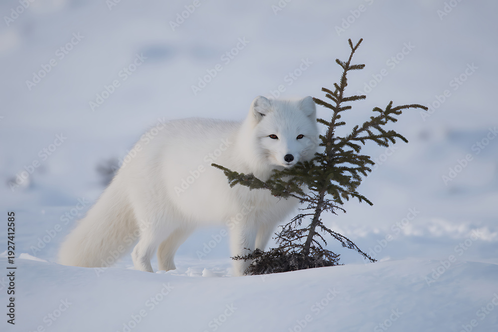 Fototapeta premium Arctic Fox in Snowy Landscape Holding a Small Pine Tree.