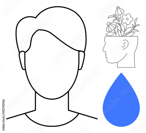 Minimalist head outline, flowers sprouting from the mind, blue water droplet. Ideal for mental health, personal growth, mindfulness, creativity, eco-consciousness wellness inspiration. Simple flat