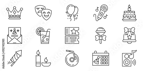 Set of festive icons, including crown, masks, balloons, microphone, cake, invitation, drink, tickets, rattle, gift, firecracker, candles, vinyl record, calendar, and music note