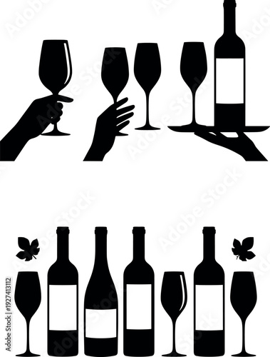 Wine bottle and glass silhouettes with hands holding goblets, elegant bar and restaurant alcohol collection in black vector style isolated on white background