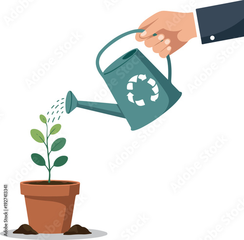 Hand In Suit Watering Plant With Watering Can Flat Design Style