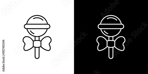 Minimalist line art icon illustration of a classic lollipop with a delicate bow, ideal for sweet treats, festive moments, and delightful celebrations