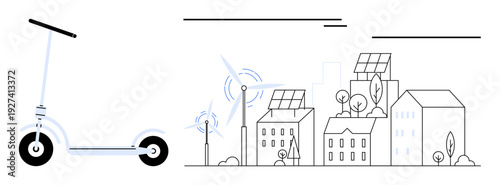 Electric scooter beside city skyline featuring solar panels, wind turbines, trees, and modern architecture. Ideal for sustainability, urban mobility, innovation, eco-friendly transport, green cities