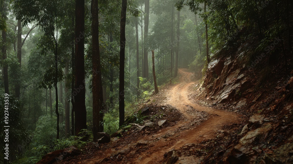 Fototapeta premium Serene Winding Path Through Lush Green Forest Surrounded by Misty Atmosphere in Nature Scenery