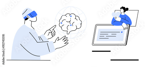 Virtual reality and artificial intelligence. Virtual reality enhancing digital collaboration. Artificial intelligence connecting humans and data processing. For technology, innovation, education