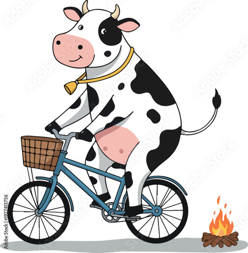 Happy Cow Rides Bicycle With Basket Near Campfire White Background