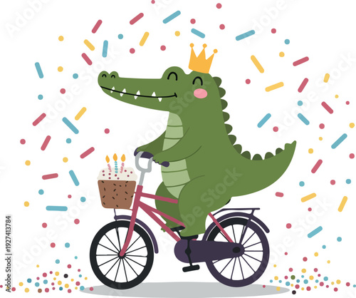 Happy Crocodile Riding Bicycle With Birthday Cake Confetti Party