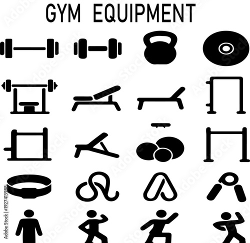Gym Equipment and Fitness Icons: Dumbbells, Kettlebell, Bench, Barbell, and People Exercising, Flat Design Vector Illustration