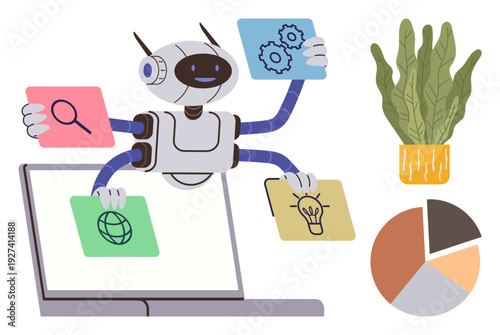 Business automation, AI technology, data sorting, machine learning, creative solutions, digital processing. Robot organizing information cards above a laptop next to a plant and chart. Business