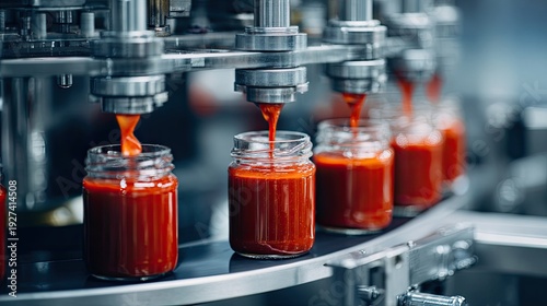 Wallpaper Mural Bottles are filled with red sauce on an automated production line in a modern food processing factory. Torontodigital.ca
