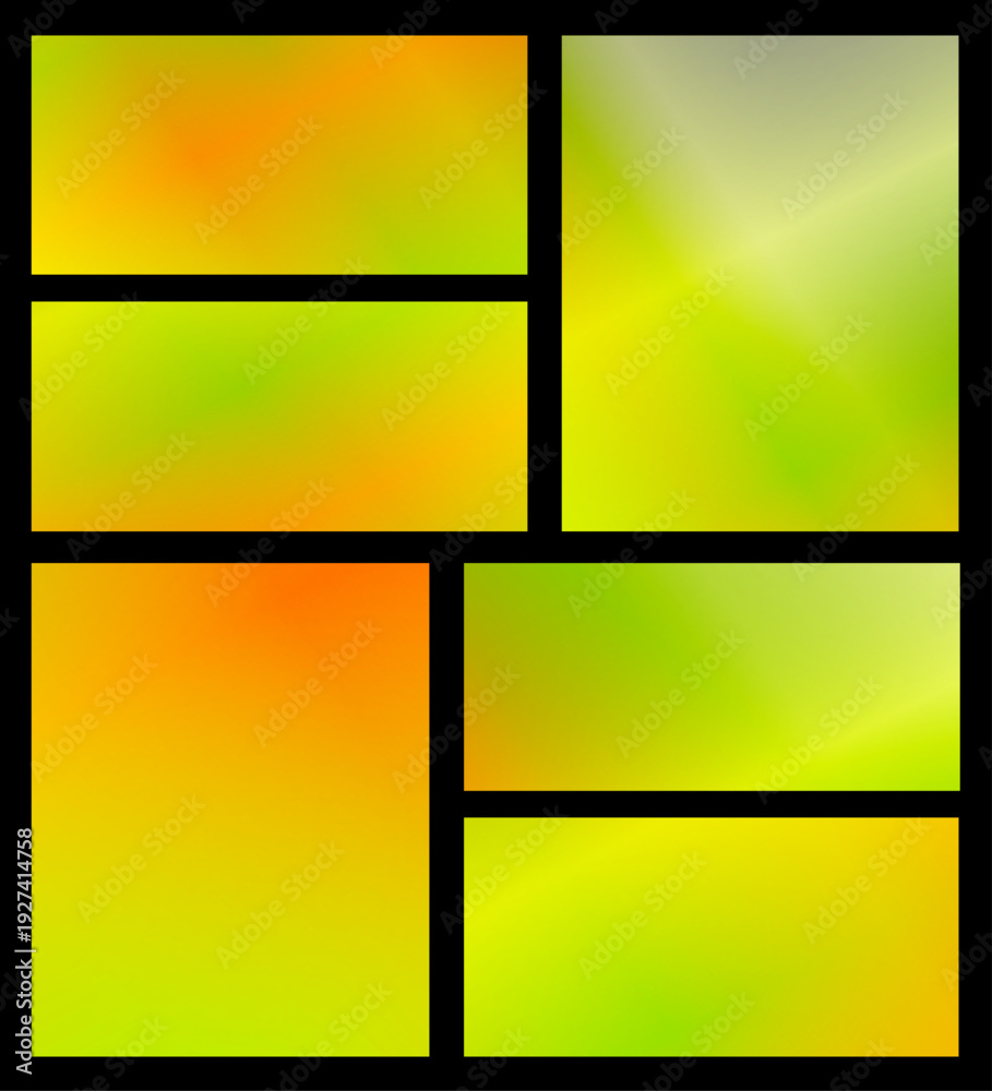 Fototapeta premium Cheerful lime and citrus gradients illuminate a geometric panel grid on black, creating a lively, optimistic background great for summer campaigns, wellness brands, or apps.