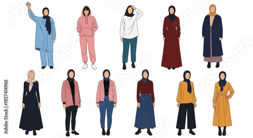 Diverse modest fashion styles, muslim women in hijabs, modern outfits
